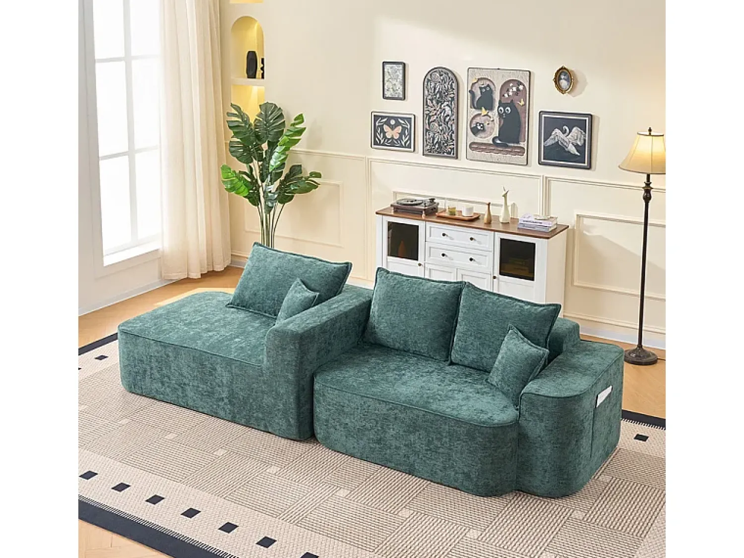 Sofá|DripeX Sofá de canto esquerdo modular - Chenille - 3 almofadas e 2 travesseiros - 262x144x65cm Verde