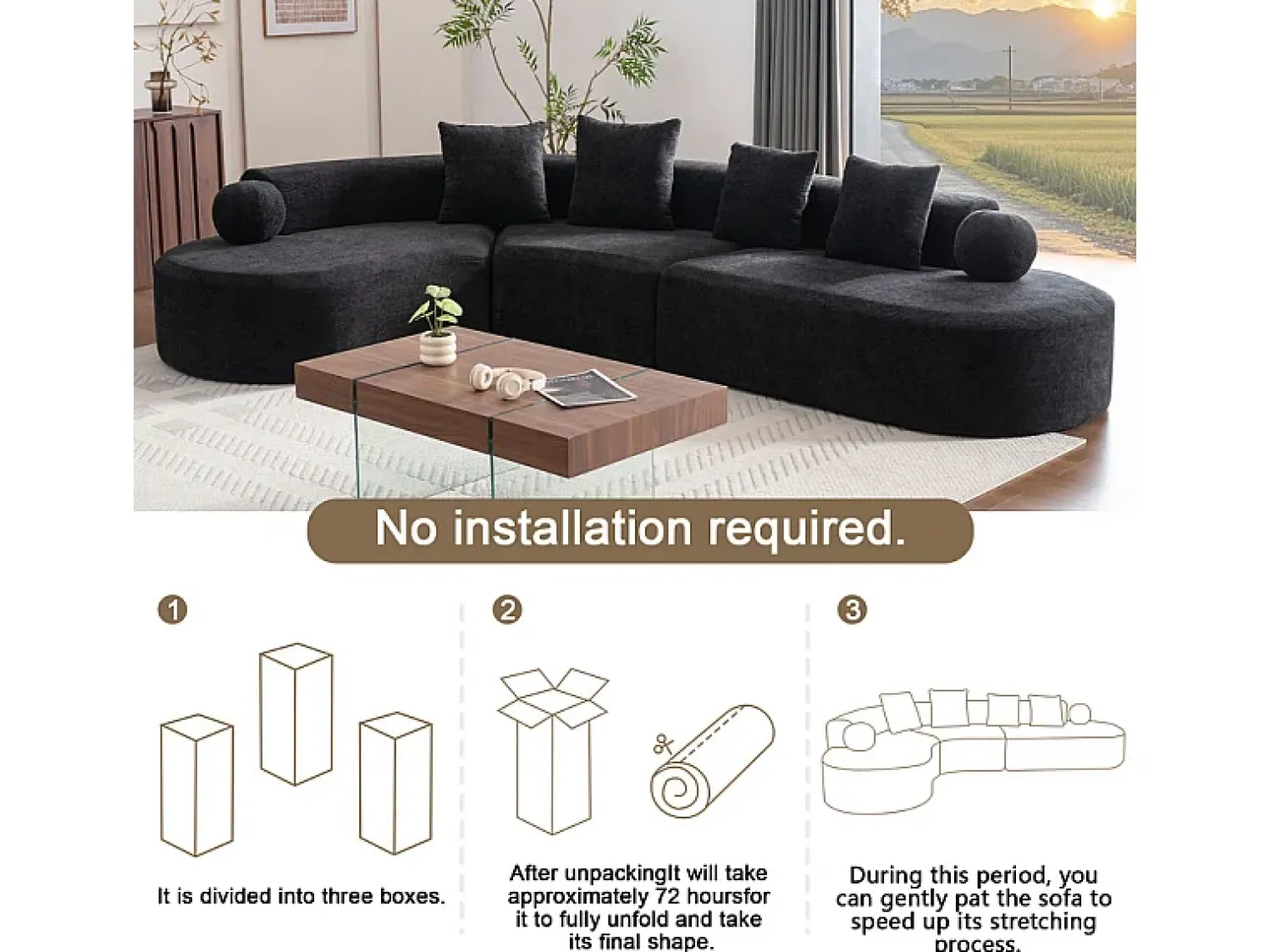Sofá*DripeX Sofá de canto esquerdo modular em Chenille - 5 Lugares - 4 travesseiros - - 327x215x65cm Preto