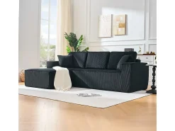 Sofá*DripeX Sofá de canto esquerdo modular veludo canelado, 2 almofadas e chaise longue 128cm, Preto