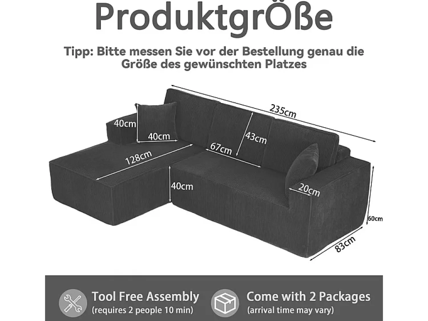 Sofá*DripeX Sofá de canto esquerdo modular veludo canelado, 2 almofadas e chaise longue 128cm, Preto