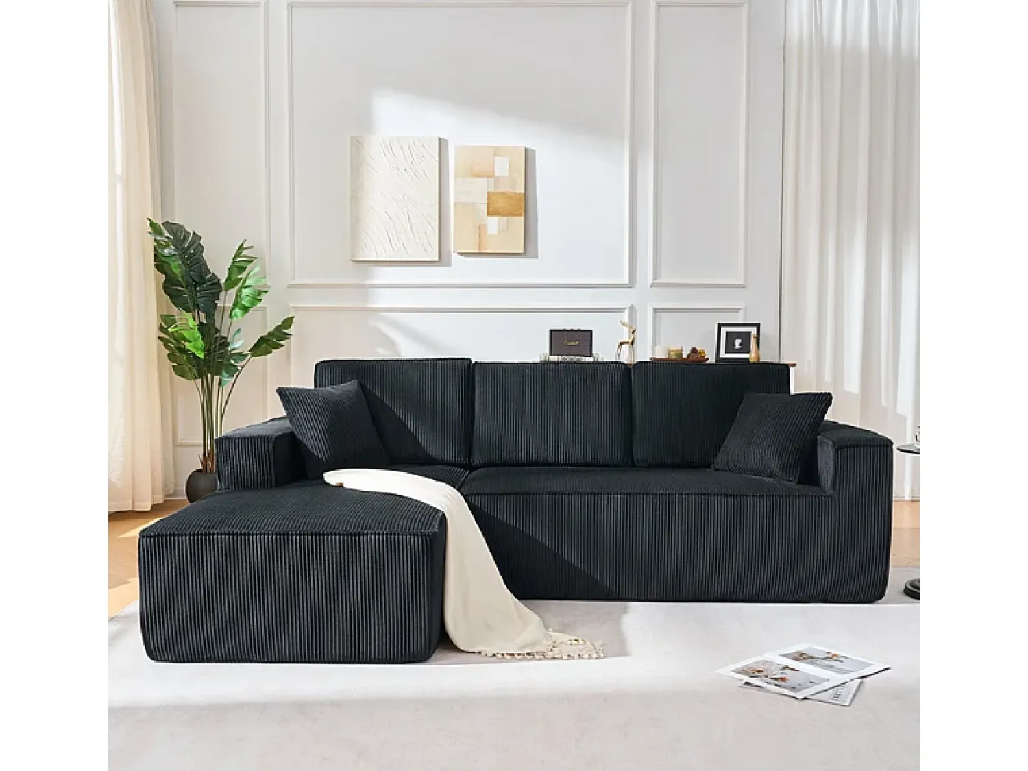 Sofá*DripeX Sofá de canto esquerdo modular veludo canelado, 2 almofadas e chaise longue 128cm, Preto