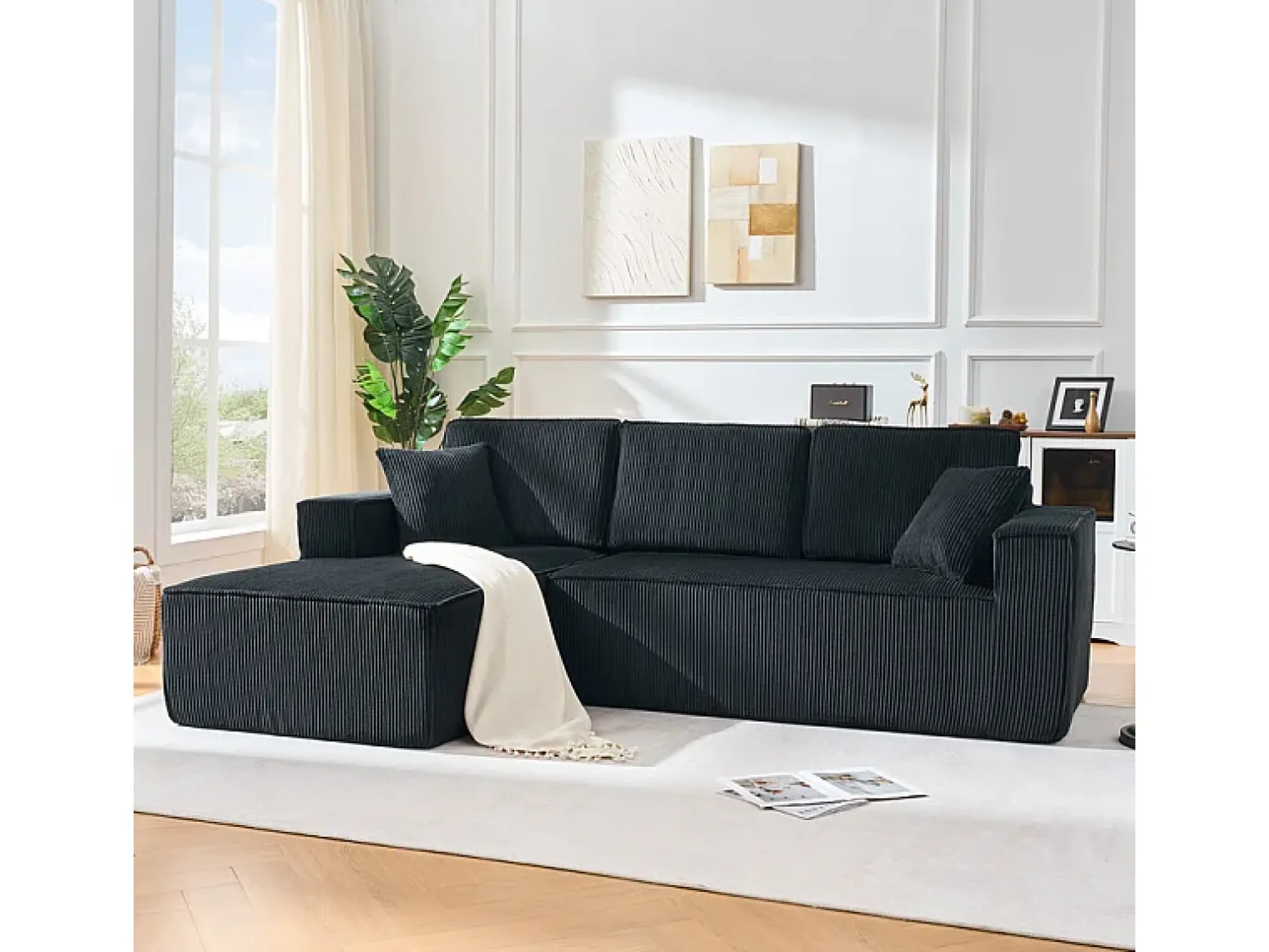 Sofá*DripeX Sofá de canto esquerdo modular veludo canelado, 2 almofadas e chaise longue 128cm, Preto