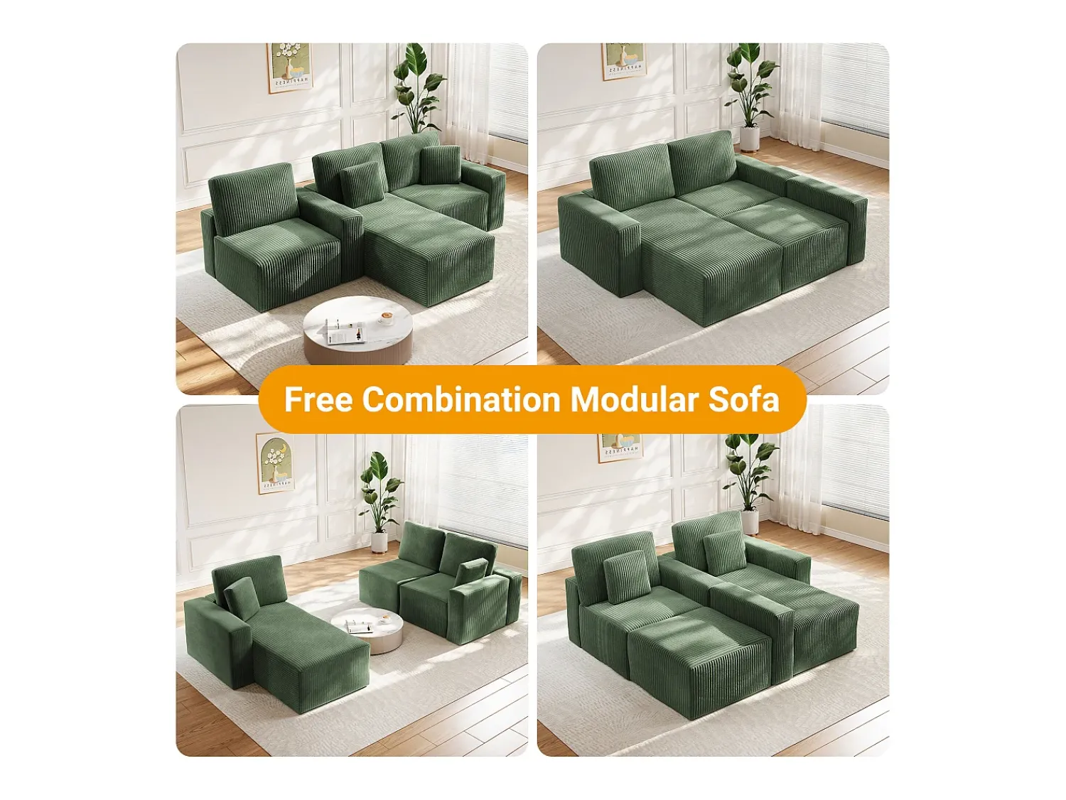 Sofá*DripeX Sofá de canto esquerdo modular 3 lugares em veludo cotelê, com 2 almofadas, chaise longue 70x125cm, Verde