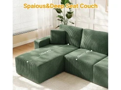 Sofá*DripeX Sofá de canto esquerdo modular 3 lugares em veludo cotelê, com 2 almofadas, chaise longue 70x125cm, Verde