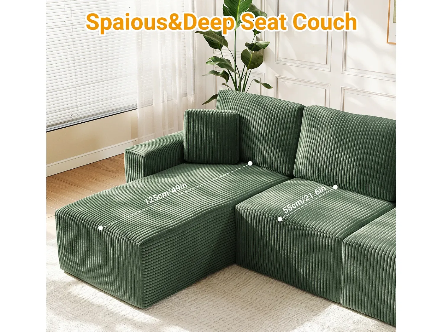 Sofá*DripeX Sofá de canto esquerdo modular 3 lugares em veludo cotelê, com 2 almofadas, chaise longue 70x125cm, Verde