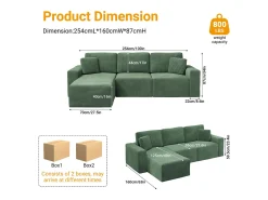 Sofá*DripeX Sofá de canto esquerdo modular 3 lugares em veludo cotelê, com 2 almofadas, chaise longue 70x125cm, Verde