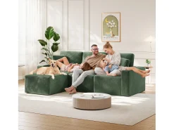 Sofá*DripeX Sofá de canto esquerdo modular 3 lugares em veludo cotelê, com 2 almofadas, chaise longue 70x125cm, Verde