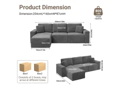 Sofá*DripeX Sofá de canto esquerdo modular 3 lugares em veludo cotelê, com 2 almofadas, chaise longue 70x125cm, Cinza Cinzento