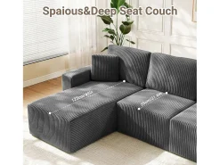Sofá*DripeX Sofá de canto esquerdo modular 3 lugares em veludo cotelê, com 2 almofadas, chaise longue 70x125cm, Cinza Cinzento