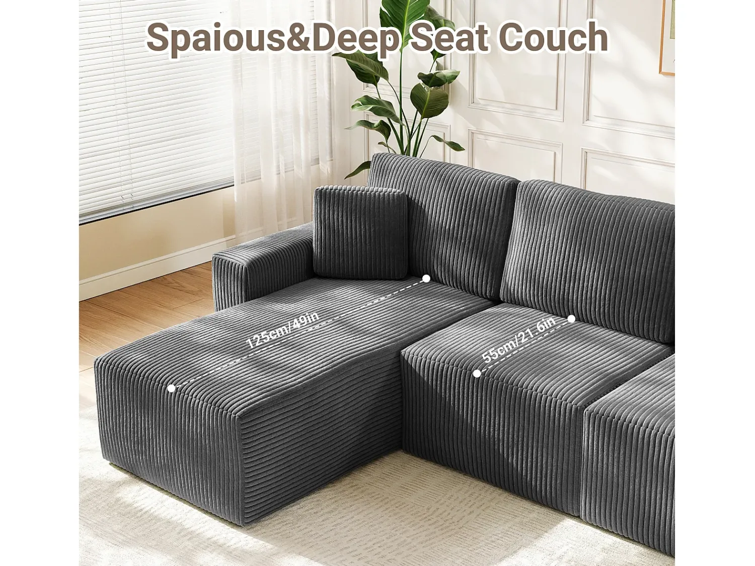 Sofá*DripeX Sofá de canto esquerdo modular 3 lugares em veludo cotelê, com 2 almofadas, chaise longue 70x125cm, Cinza Cinzento
