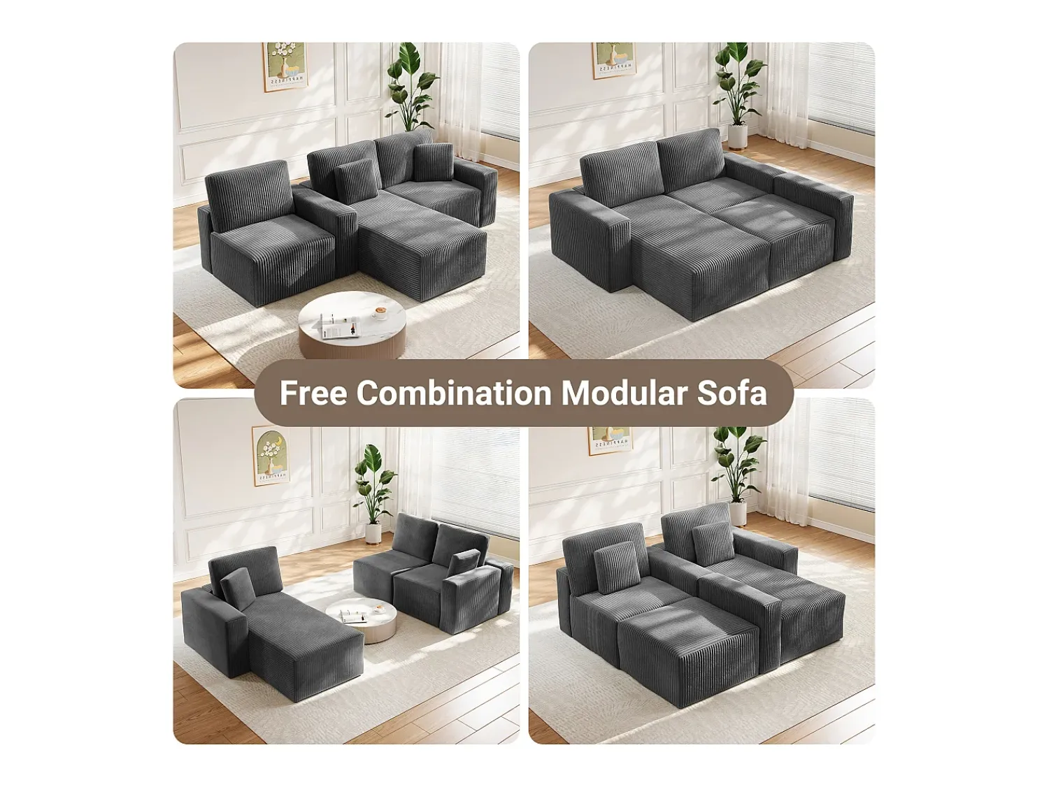 Sofá*DripeX Sofá de canto esquerdo modular 3 lugares em veludo cotelê, com 2 almofadas, chaise longue 70x125cm, Cinza Cinzento