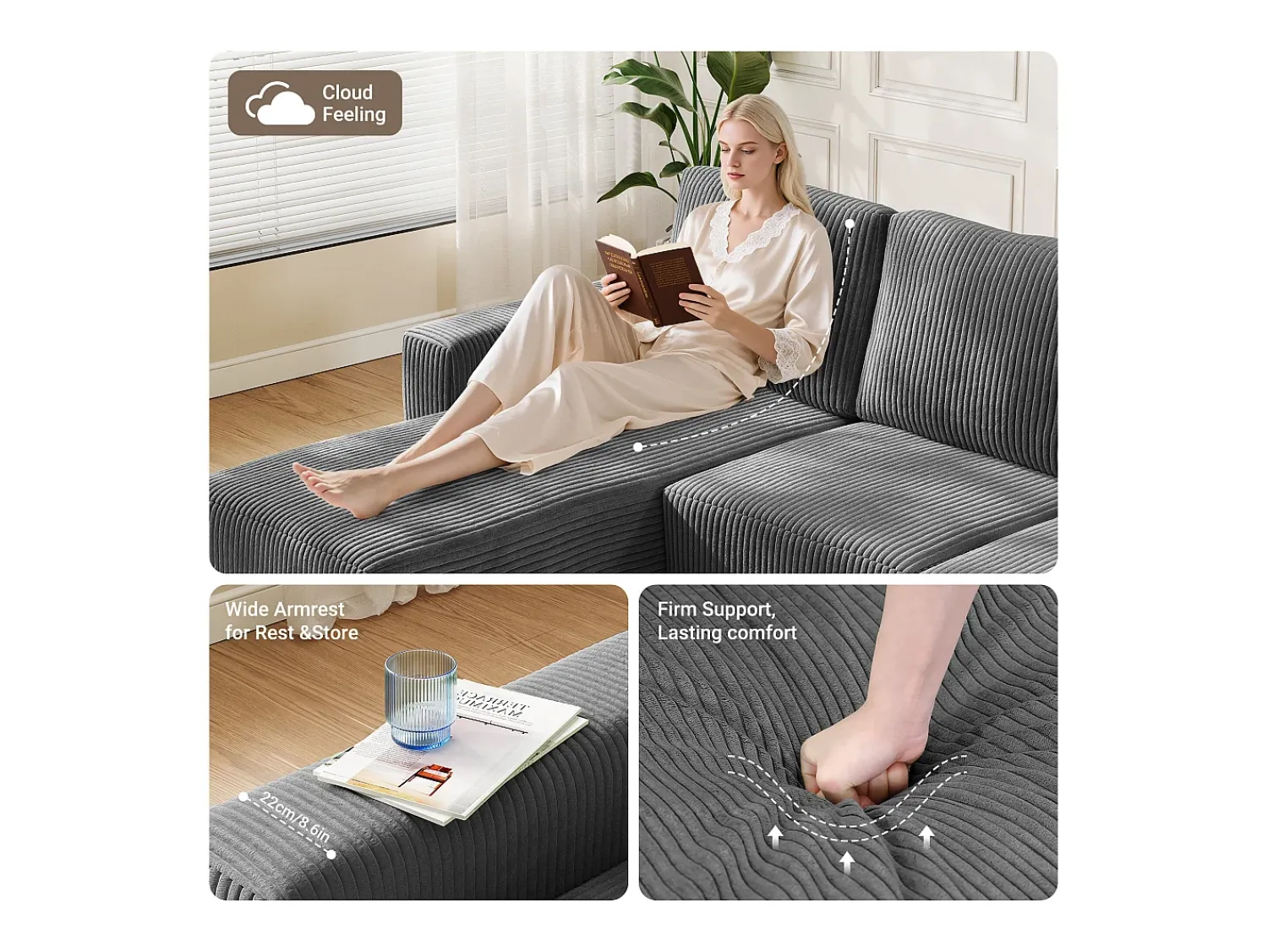 Sofá*DripeX Sofá de canto esquerdo modular 3 lugares em veludo cotelê, com 2 almofadas, chaise longue 70x125cm, Cinza Cinzento