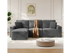 Sofá*DripeX Sofá de canto esquerdo modular 3 lugares em veludo cotelê, com 2 almofadas, chaise longue 70x125cm, Cinza Cinzento