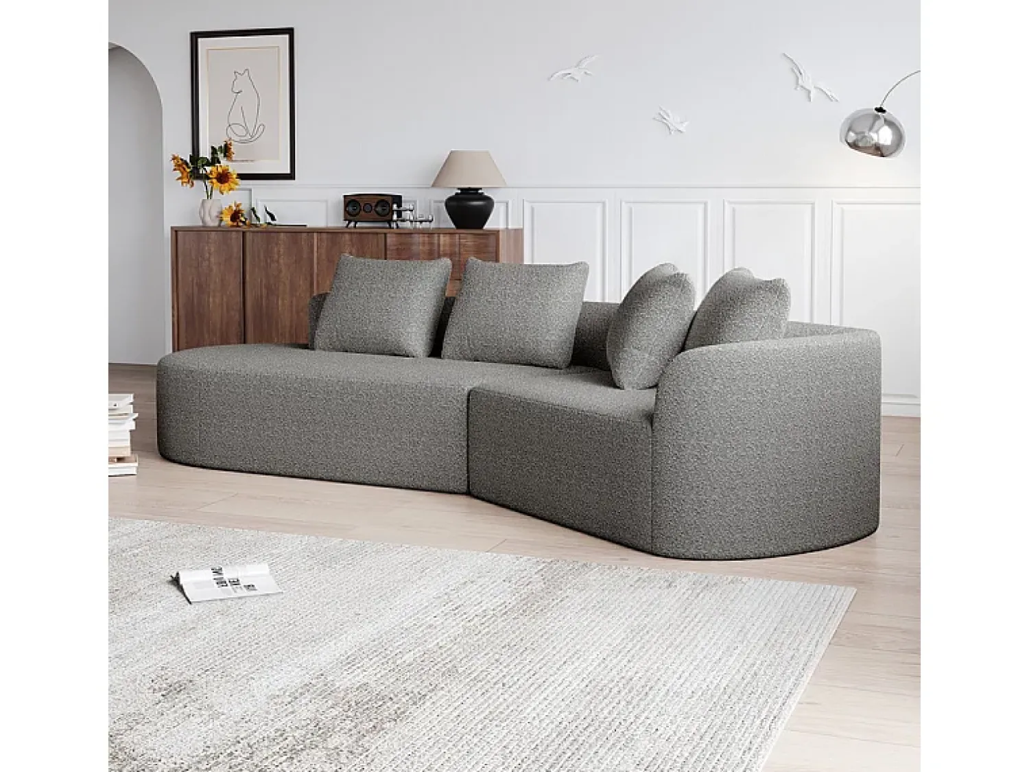 Sofá*DripeX Sofá de Canto Esquerdo Moderno Superdimensionado 4 Lugares, com 4 Almofadas, Chaise Longue Curva, Tecido Chenille, Cinza Claro Cinzento claro