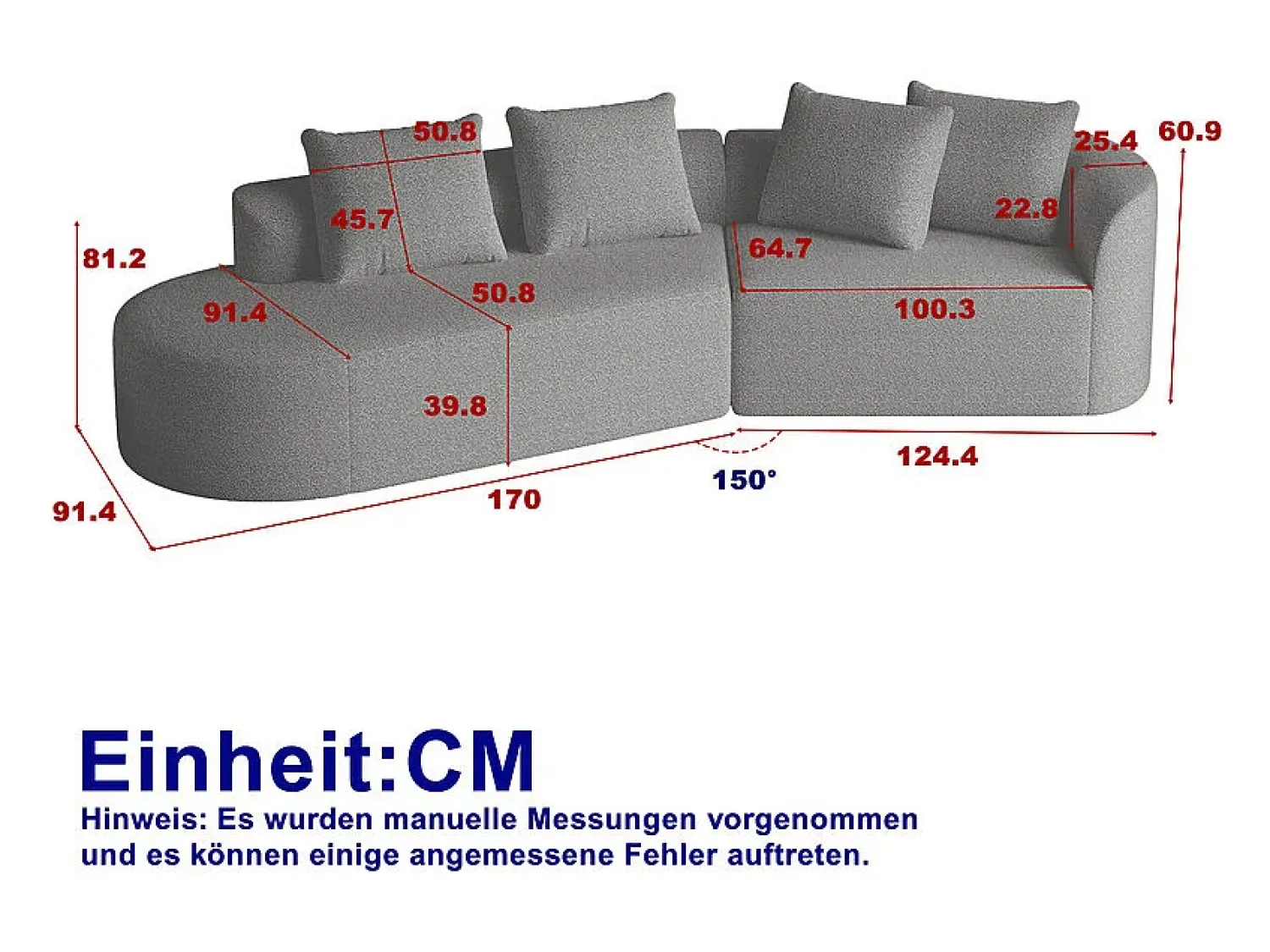 Sofá*DripeX Sofá de Canto Esquerdo Moderno Superdimensionado 4 Lugares, com 4 Almofadas, Chaise Longue Curva, Tecido Chenille, Cinza Claro Cinzento claro