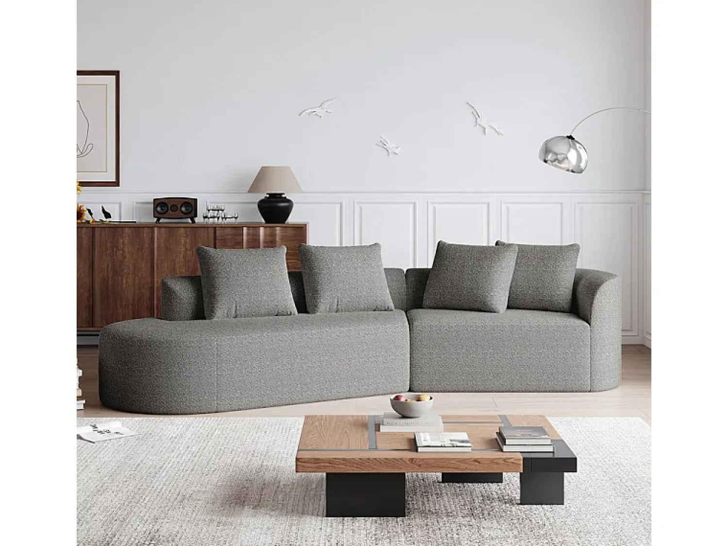 Sofá*DripeX Sofá de Canto Esquerdo Moderno Superdimensionado 4 Lugares, com 4 Almofadas, Chaise Longue Curva, Tecido Chenille, Cinza Claro Cinzento claro