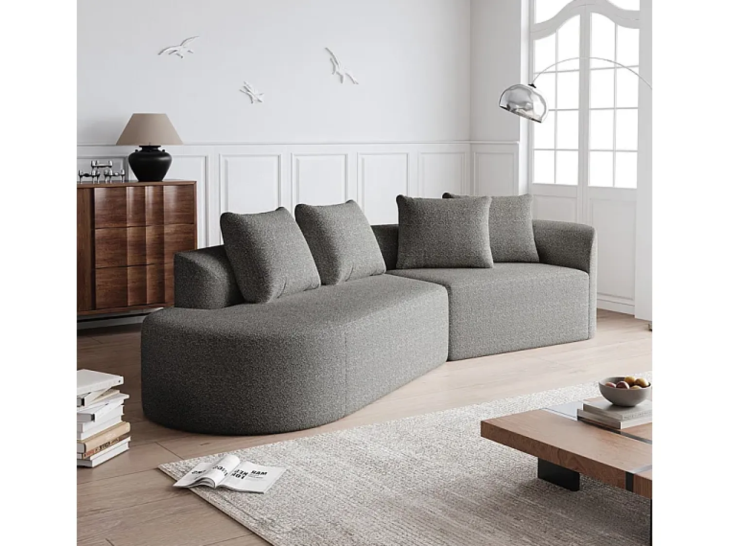 Sofá*DripeX Sofá de Canto Esquerdo Moderno Superdimensionado 4 Lugares, com 4 Almofadas, Chaise Longue Curva, Tecido Chenille, Cinza Claro Cinzento claro
