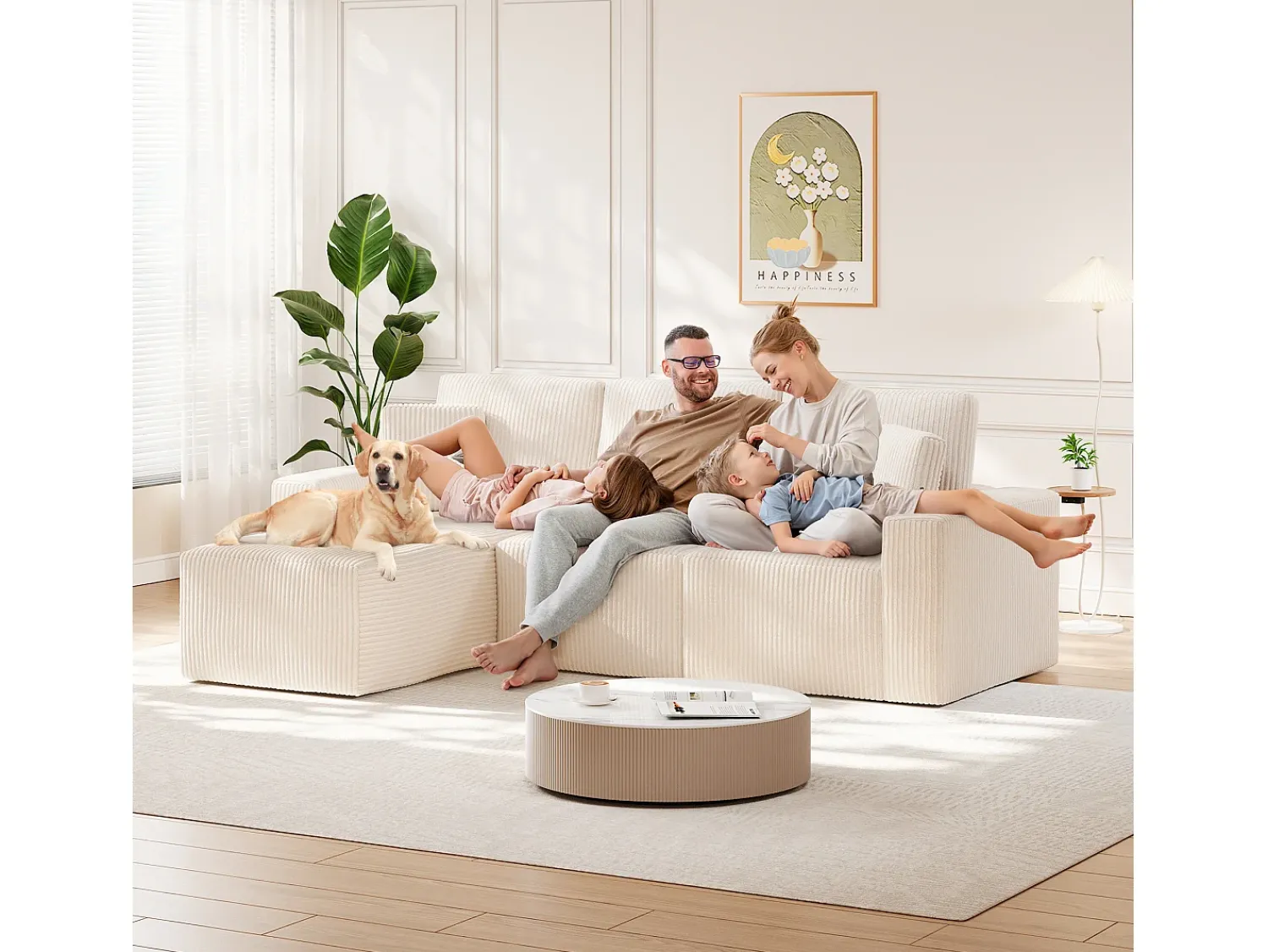 Sofá|DripeX Sofá de canto esquerdo modular 3 lugares em veludo cotelê, com 2 almofadas, chaise longue 70x125cm, Bege