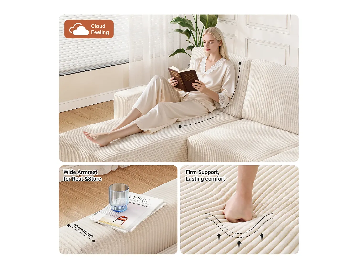 Sofá|DripeX Sofá de canto esquerdo modular 3 lugares em veludo cotelê, com 2 almofadas, chaise longue 70x125cm, Bege