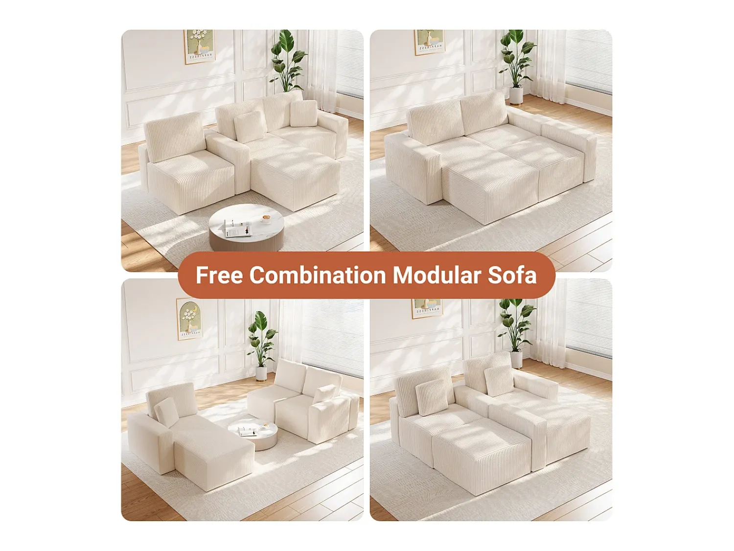Sofá|DripeX Sofá de canto esquerdo modular 3 lugares em veludo cotelê, com 2 almofadas, chaise longue 70x125cm, Bege