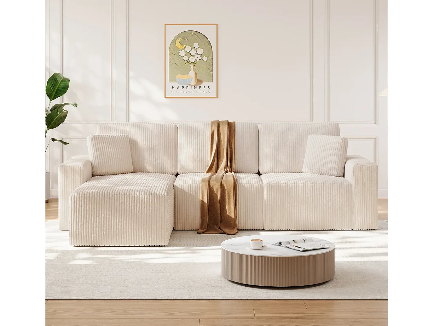 Sofá|DripeX Sofá de canto esquerdo modular 3 lugares em veludo cotelê, com 2 almofadas, chaise longue 70x125cm, Bege