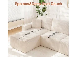 Sofá|DripeX Sofá de canto esquerdo modular 3 lugares em veludo cotelê, com 2 almofadas, chaise longue 70x125cm, Bege