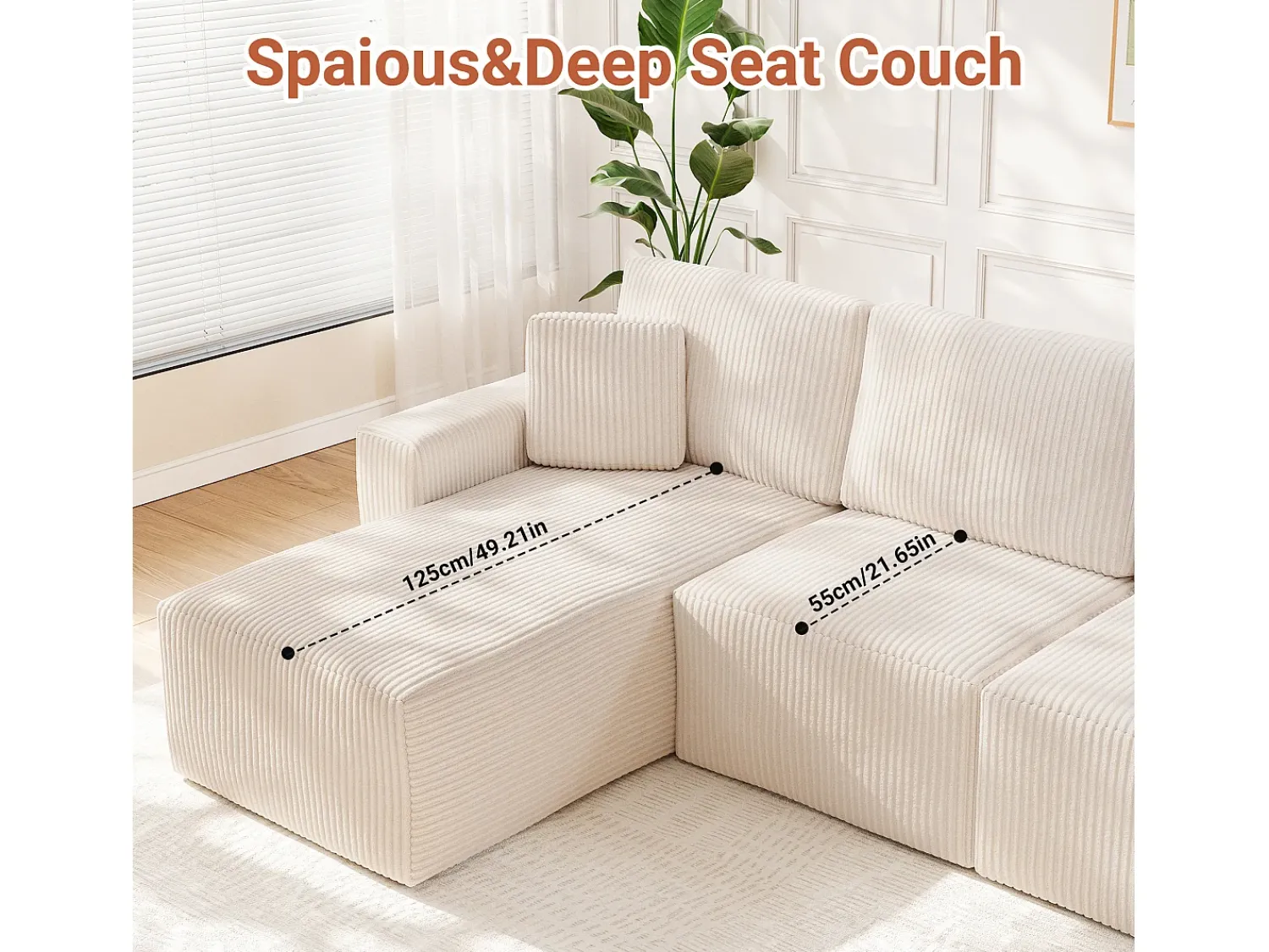 Sofá|DripeX Sofá de canto esquerdo modular 3 lugares em veludo cotelê, com 2 almofadas, chaise longue 70x125cm, Bege