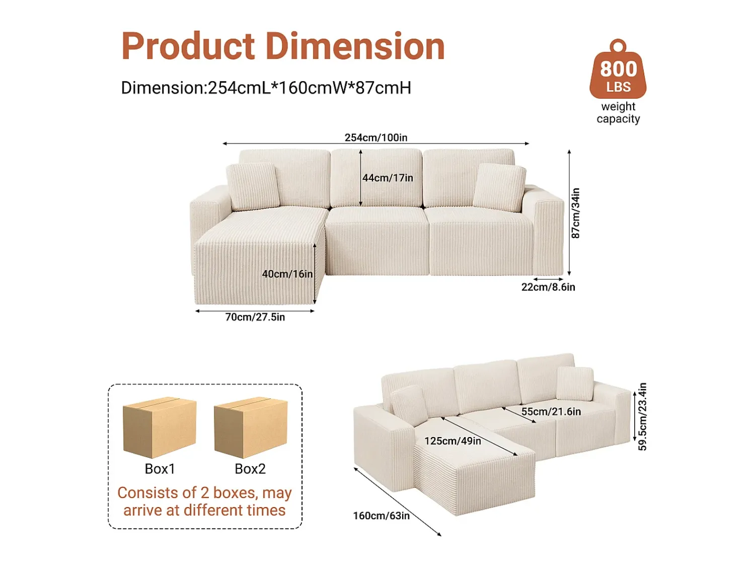 Sofá|DripeX Sofá de canto esquerdo modular 3 lugares em veludo cotelê, com 2 almofadas, chaise longue 70x125cm, Bege