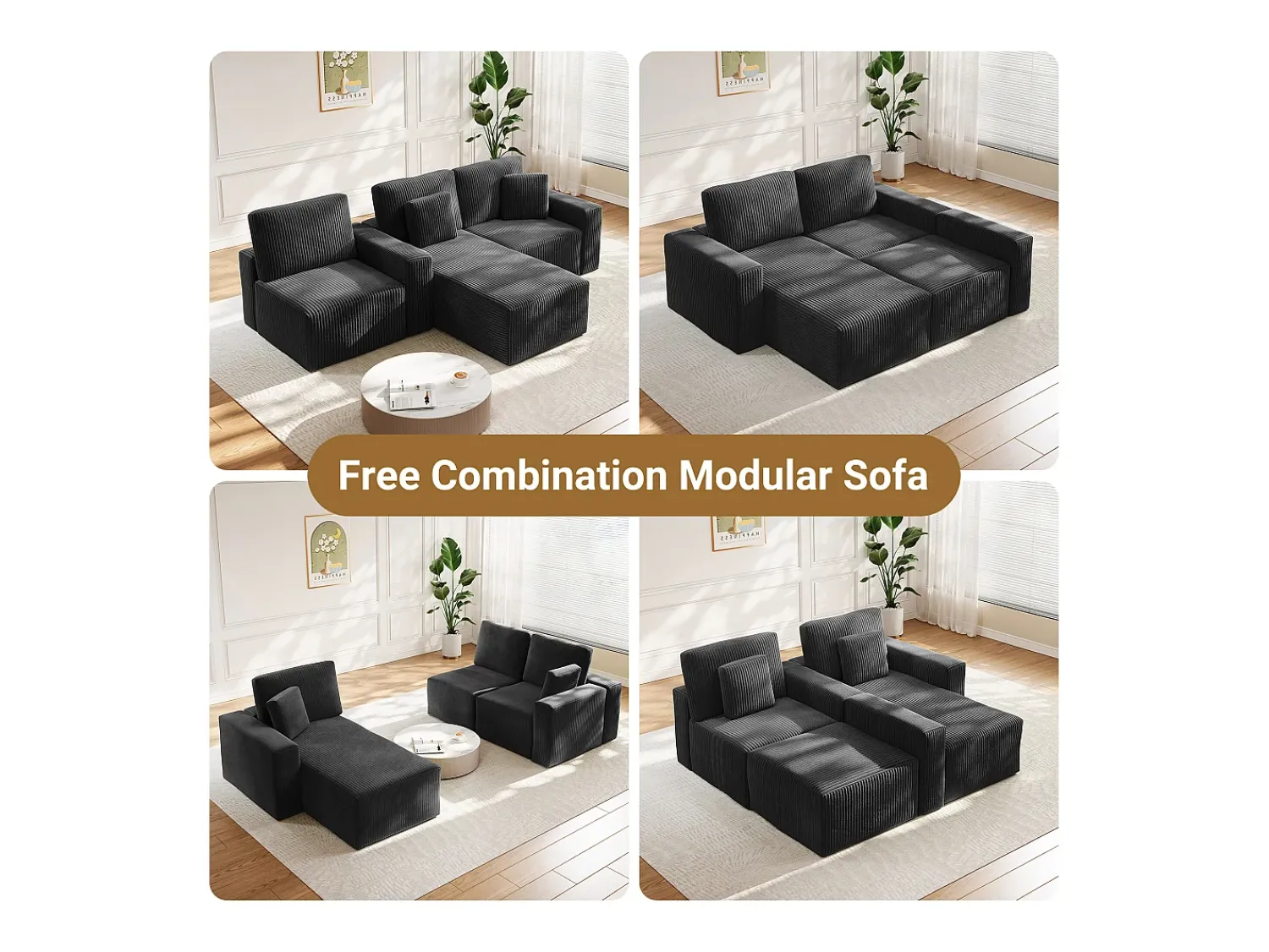 DripeX Sofá de canto esquerdo modular 3 lugares em veludo cotelê, com 2 almofadas, chaise longue 70x125cm,^ Sofá