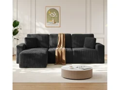 DripeX Sofá de canto esquerdo modular 3 lugares em veludo cotelê, com 2 almofadas, chaise longue 70x125cm,^ Sofá