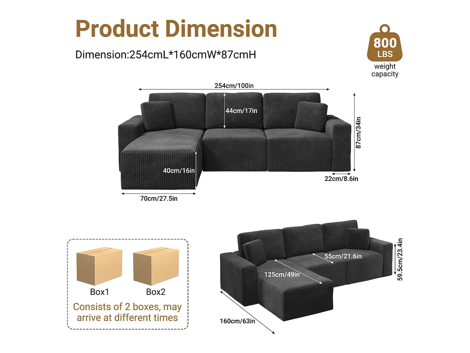 DripeX Sofá de canto esquerdo modular 3 lugares em veludo cotelê, com 2 almofadas, chaise longue 70x125cm,^ Sofá