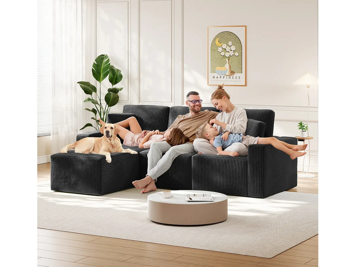 DripeX Sofá de canto esquerdo modular 3 lugares em veludo cotelê, com 2 almofadas, chaise longue 70x125cm,^ Sofá