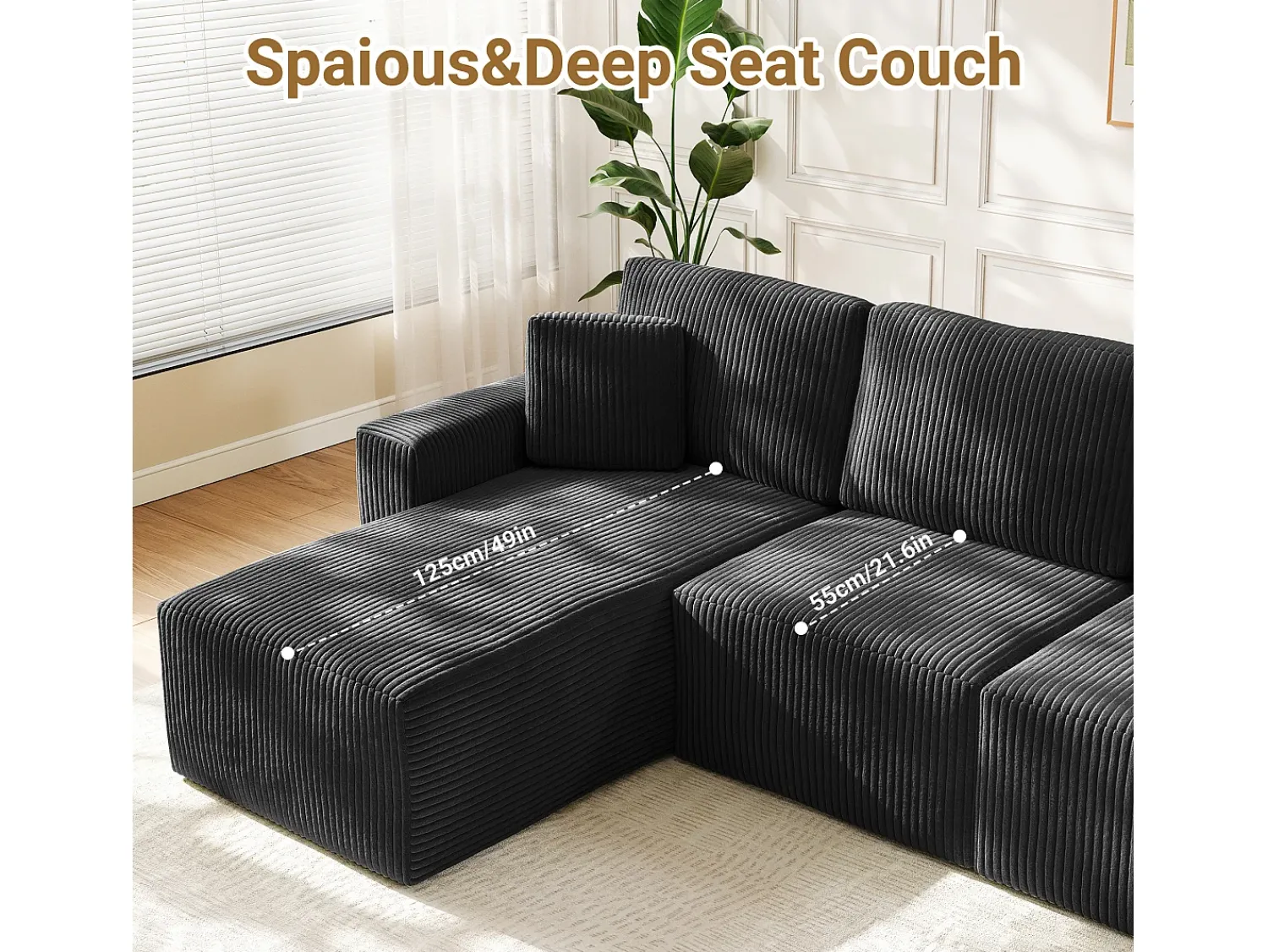 DripeX Sofá de canto esquerdo modular 3 lugares em veludo cotelê, com 2 almofadas, chaise longue 70x125cm,^ Sofá