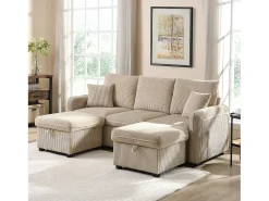 Sofá*Merax Sofá de canto estofado - 188 x 82 x 86 cm - 3 lugares - 2 apoios para os pés com armazenamento + 2 gavetas - veludo - cinza Bege