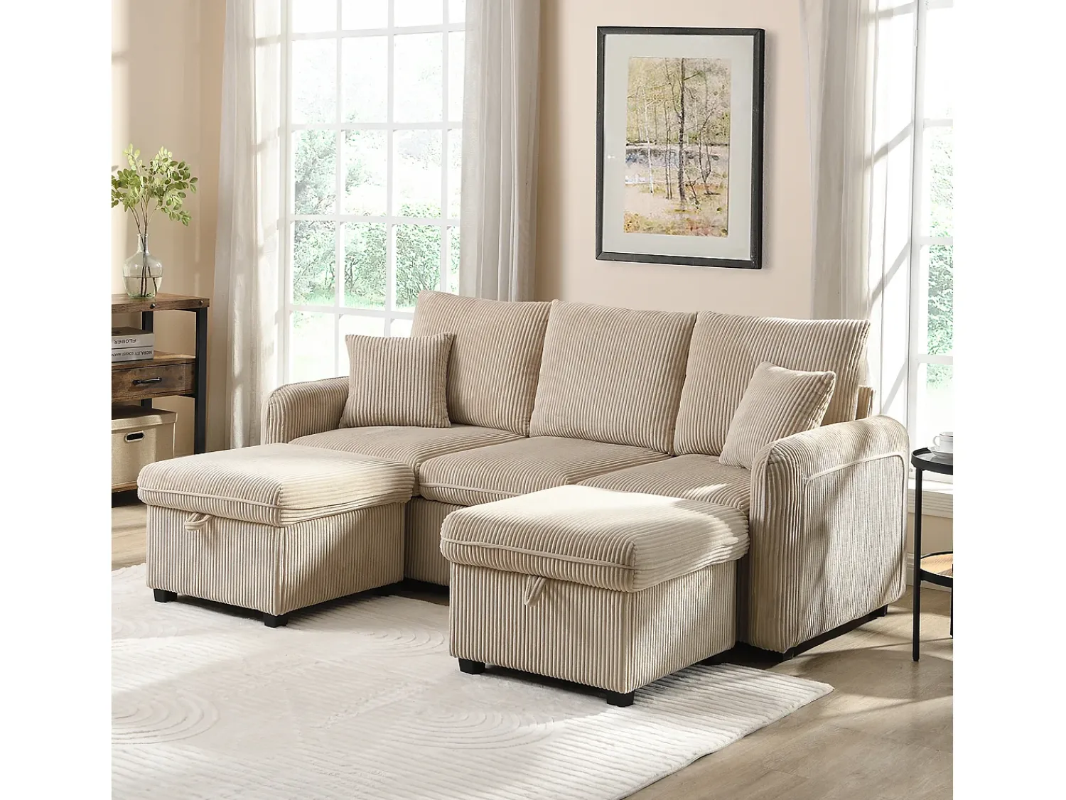 Sofá*Merax Sofá de canto estofado - 188 x 82 x 86 cm - 3 lugares - 2 apoios para os pés com armazenamento + 2 gavetas - veludo - cinza Bege