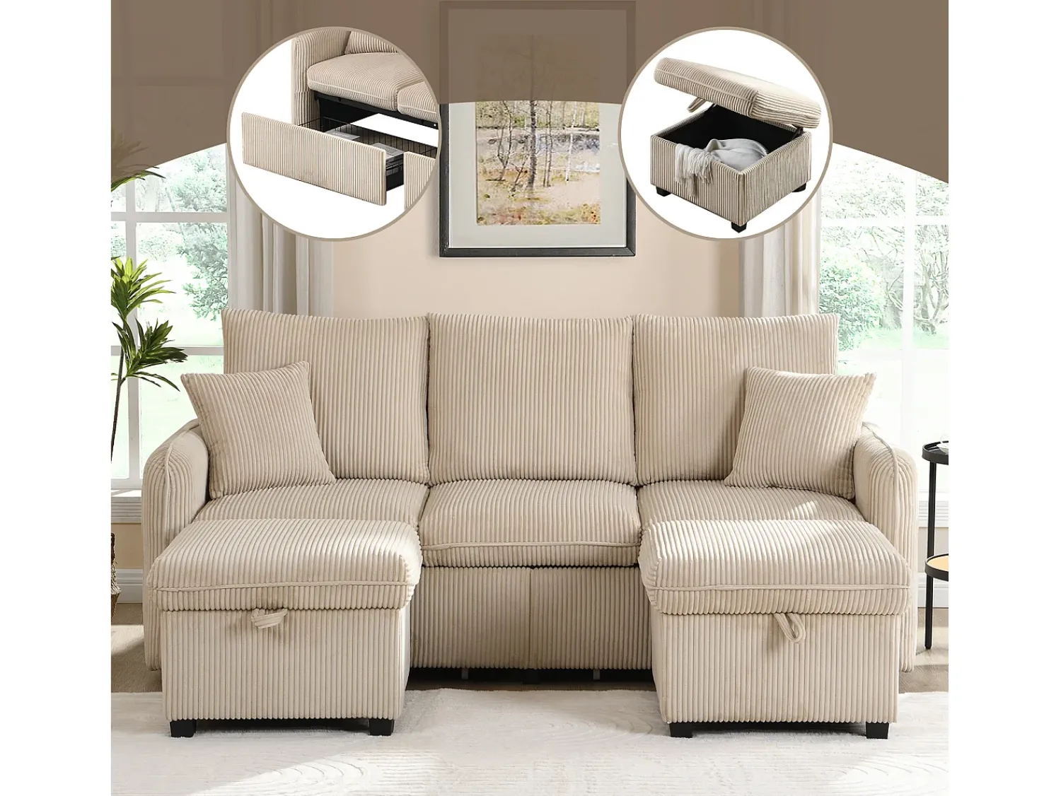 Sofá*Merax Sofá de canto estofado - 188 x 82 x 86 cm - 3 lugares - 2 apoios para os pés com armazenamento + 2 gavetas - veludo - cinza Bege