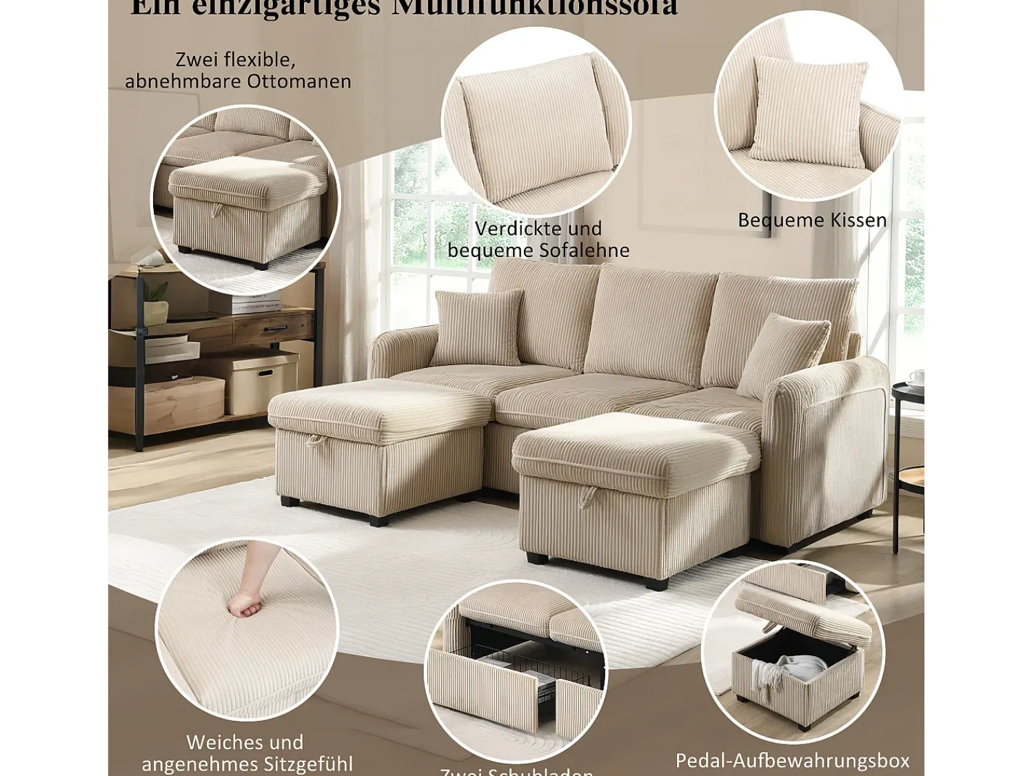 Sofá*Merax Sofá de canto estofado - 188 x 82 x 86 cm - 3 lugares - 2 apoios para os pés com armazenamento + 2 gavetas - veludo - cinza Bege