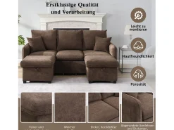 Sale Merax Sofá de canto estofado - 188 x 82 x 86 cm - 3 lugares - 2 pufes com armazenamento + 2 gavetas - veludo - marrom Castanho