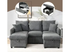 Sofá*Merax Sofá de canto estofado - 188 x 82 x 86 cm - 3 lugares - 2 apoios para pés com armazenamento + 2 gavetas - veludo - bege Cinzento