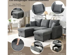 Sofá*Merax Sofá de canto estofado - 188 x 82 x 86 cm - 3 lugares - 2 apoios para pés com armazenamento + 2 gavetas - veludo - bege Cinzento