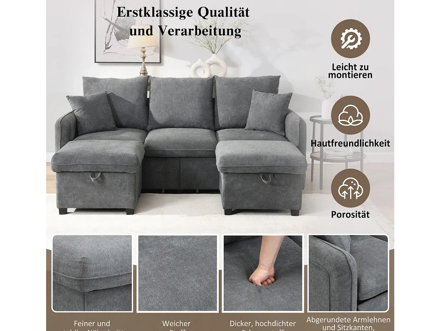 Sofá*Merax Sofá de canto estofado - 188 x 82 x 86 cm - 3 lugares - 2 apoios para pés com armazenamento + 2 gavetas - veludo - bege Cinzento