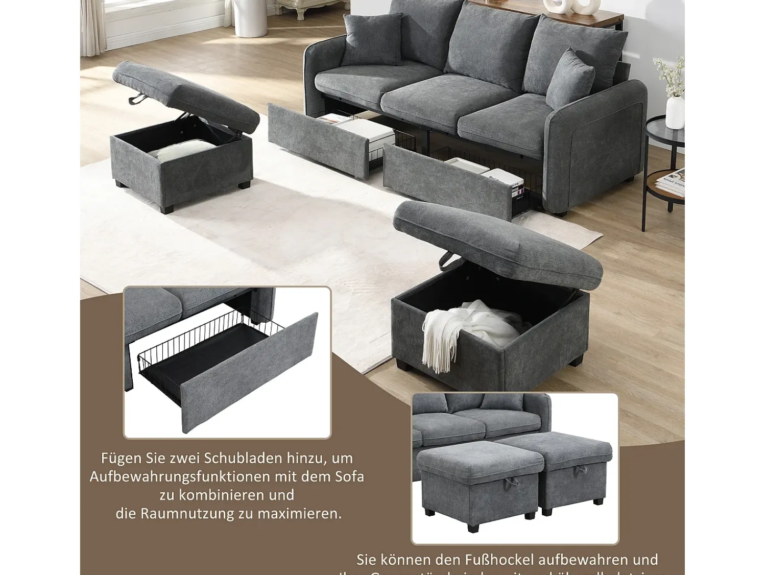 Sofá*Merax Sofá de canto estofado - 188 x 82 x 86 cm - 3 lugares - 2 apoios para pés com armazenamento + 2 gavetas - veludo - bege Cinzento