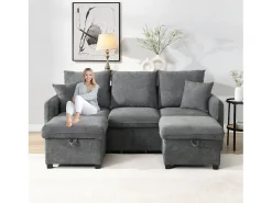 Sofá*Merax Sofá de canto estofado - 188 x 82 x 86 cm - 3 lugares - 2 apoios para pés com armazenamento + 2 gavetas - veludo - bege Cinzento