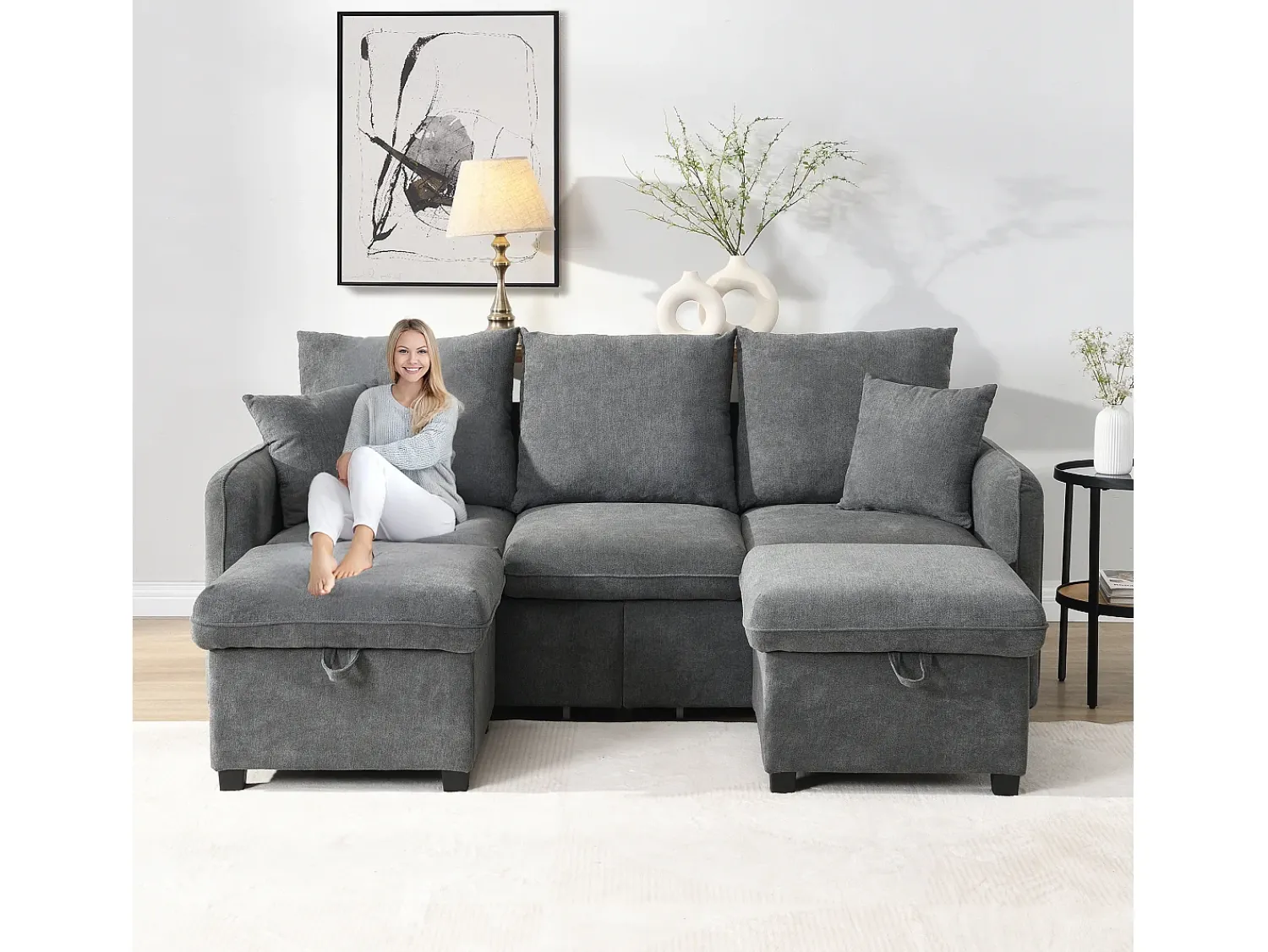 Sofá*Merax Sofá de canto estofado - 188 x 82 x 86 cm - 3 lugares - 2 apoios para pés com armazenamento + 2 gavetas - veludo - bege Cinzento