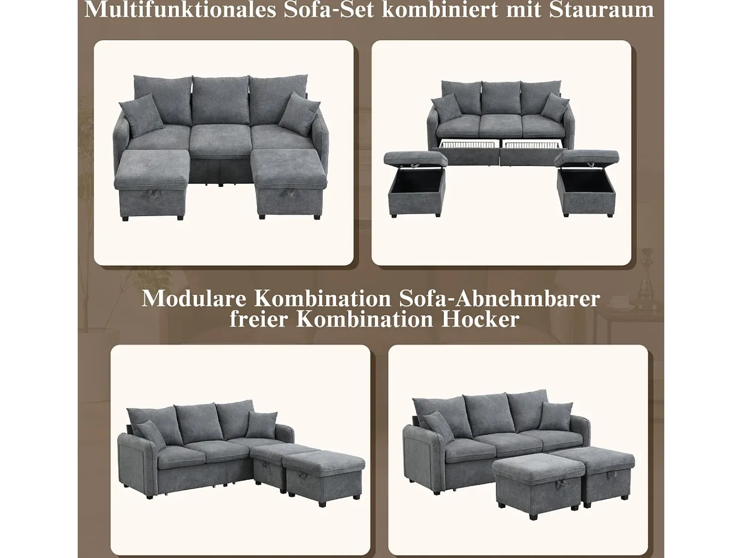 Sofá*Merax Sofá de canto estofado - 188 x 82 x 86 cm - 3 lugares - 2 apoios para pés com armazenamento + 2 gavetas - veludo - bege Cinzento