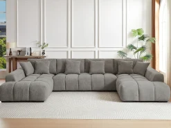 Sofá|Vente-unique Sofá de canto grande tecido cinza efeito acolchoado estilo design BERENIA Cinzento