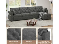 Sale Merax Sofá de canto moderno de 4 lugares com arrumação - apoios de braço laterais com bolsos 281 x 132 x 86 cm - veludo - Cinzento