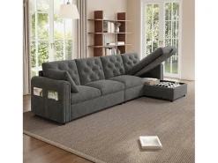 Sale Merax Sofá de canto moderno de 4 lugares com arrumação - apoios de braço laterais com bolsos 281 x 132 x 86 cm - veludo - Cinzento