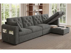 Sale Merax Sofá de canto moderno de 4 lugares com arrumação - apoios de braço laterais com bolsos 281 x 132 x 86 cm - veludo - Cinzento