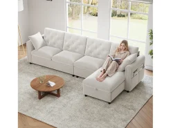 Sofá|Merax Sofá de canto moderno de 4 lugares com arrumação - apoios de braço laterais com bolsos 281 x 132 x 86 cm - veludo - Bege